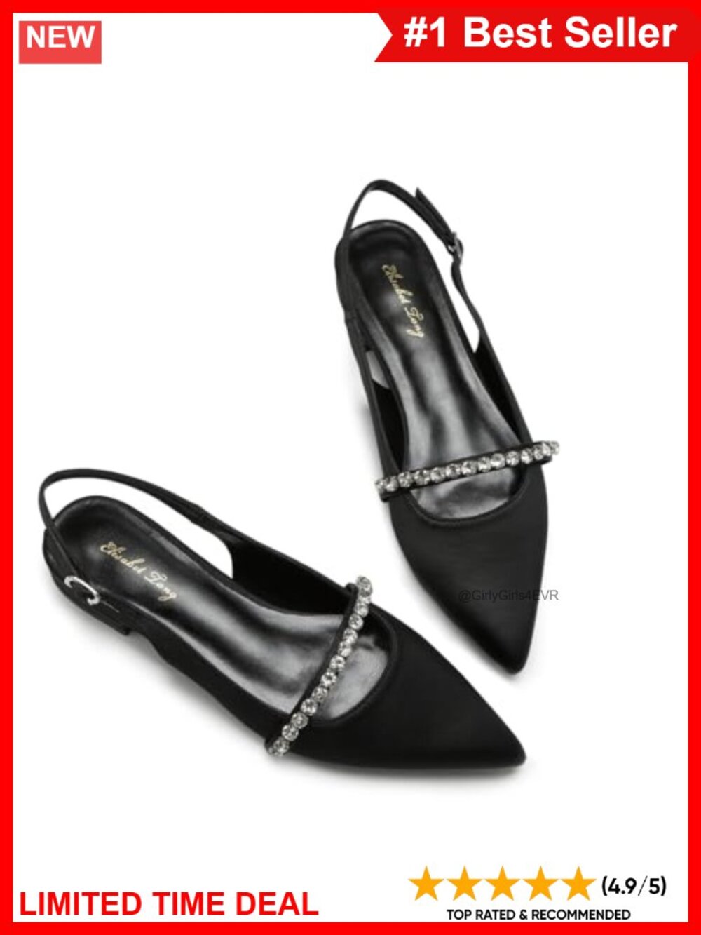 Rhinestone Pointed Toe Slingback Flats Low Heel Dressy Shoes